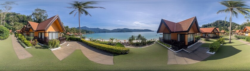 Tropical beach bungalows, ocean view, lush landscape, vacation getaway