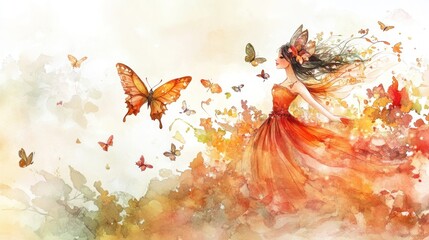 A girl in an orange autumn dress surrounded by butterflies and leaves. Watercolor painting style.