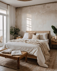 Peaceful bohemian bedroom with bamboo woven furniture green plants in pots and a tropical beige backdrop that creates a serene and natural atmosphere Bohemian Interior Design Inspiration