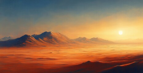 Fototapeta premium Surreal Martian Landscape with Dust Storm and Ethereal Light over Rust Dunes and Mountains