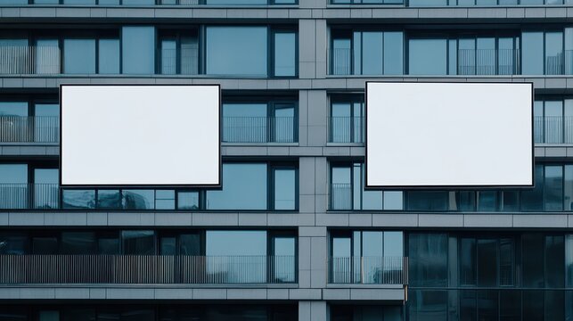 Two blank billboards on the facade of a modern building, positioned for street advertising. The scene captures daylight in an urban setting, highlighting the potential for advertisements in a bustling