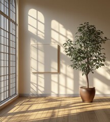 Minimalist Japanese Style Interior Design with Wooden Furniture and Natural Materials in Serene Living Room