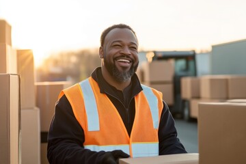 Joyful warehouse worker lifting boxes distribution center candid photo outdoor side view team spirit