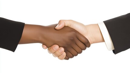 Two individuals in business attire shaking hands against a white background, representing agreement and partnership in a professional context.