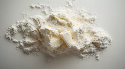 Close-up view of flour and butter pieces on a white surface, ready for baking. The ingredients are mixed together, creating a textured and visually appealing image.