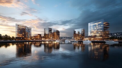 Obraz premium Modern Waterfront Buildings Reflecting in Calm Water at Dusk