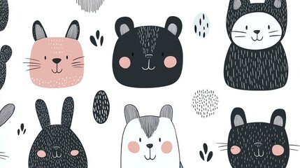 A creative Scandinavianstyle seamless pattern with funny animal faces, featuring bears, cats, and rabbits, perfect for playful kids fabric, textile, and wallpaper designs