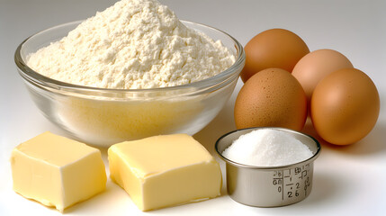 Close-up of baking ingredients: flour in a glass bowl, butter cubes, four brown eggs, and sugar in a measuring cup.  Ready for baking!