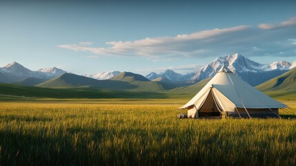 Serene Glamping Experience in a Vast Green Meadow Surrounded by Majestic Snow-Capped Mountains Under a Clear Blue Sky in the Heart of Nature