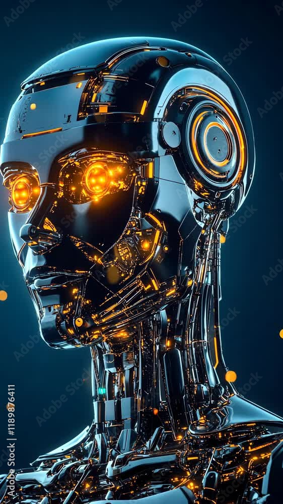 Poster futuristic robot with glowing facial features showcases advanced technology in a dark setting