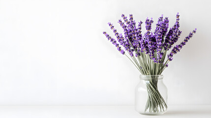 A bouquet of fresh lavender flowers in a clear glass jar sits against a white background. Simple, elegant, and evokes a sense of calm and serenity.