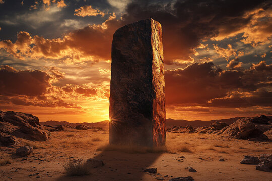 A massive stone monolith standing alone in the middle of an expansive desert, with a dramatic sky and setting sun behind it.