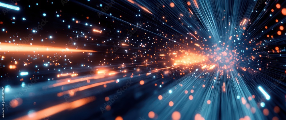 Poster Futuristic Hyperloop Transit at Warp Speed in Neon Mega City with Dynamic Light Trails at Night