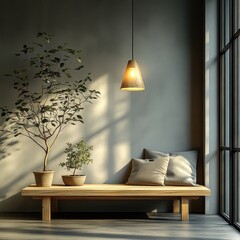 Minimalist Scandinavian Interior Design with Wooden Table and Potted Plant