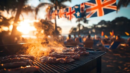 Sunset beach BBQ, grilling meat, flags, party