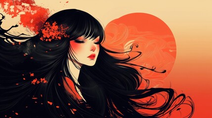 A serene anime girl with long black hair, adorned with red blossoms,  posed against a backdrop of a vibrant orange sun, evokes a sense of tranquility and beauty.