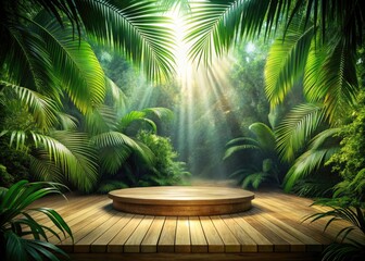 Fototapeta premium Surreal Tropical Podium: Empty Wooden Platform in Lush Jungle, Palm Leaves, Green Background, Fantasy Forest Stage