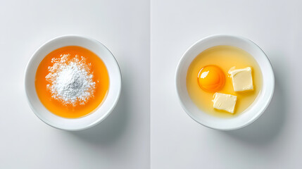 Two bowls of ingredients for baking. One bowl contains egg yolks and baking powder, the other has egg yolks and butter cubes.  A simple, clean food photography style.