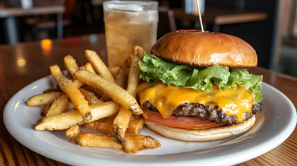 Juicy cheeseburger with melted cheddar, lettuce, tomato, and a side of crispy french fries. Served on a white plate with a drink in the background.