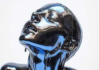 Hyper-realistic melted chrome robot head sculpture profile against white background