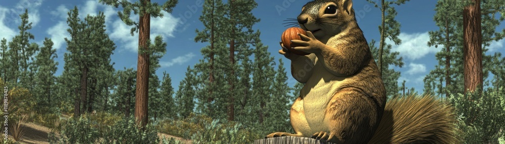 Poster squirrel enjoying nut in lush forest with sunlight filtering through trees