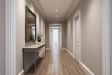 Entrance hallway of a modern apartment with a console table, mirror, and wooden flooring, ideal for a mock up. Resident and Apartment Mockup and concept