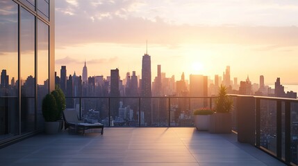 Panoramic view of Manhattan at sunset with balcony.
