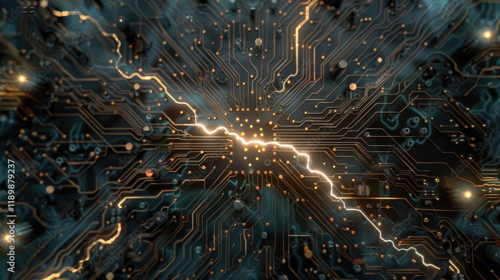 Poster discover an abstract design featuring intricate computer circuits illuminated with vibrant energy. p