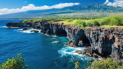 Obraz premium A dramatic coastal cliff overlooking the deep blue ocean, with waves crashing against the rocks below. 