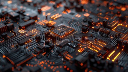 Abstract picture of chip on complex circuit with digital technology style design and the electric parts graphic show high tech system represent about processor algorithm process on computer. AIG53.