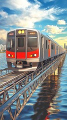 Naklejka premium Modern Train Crossing a Bridge Over Water on a Sunny Day