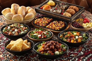 Obraz premium Delicious buffet spread; salads, pastries, and bread. Perfect for restaurant menu or catering