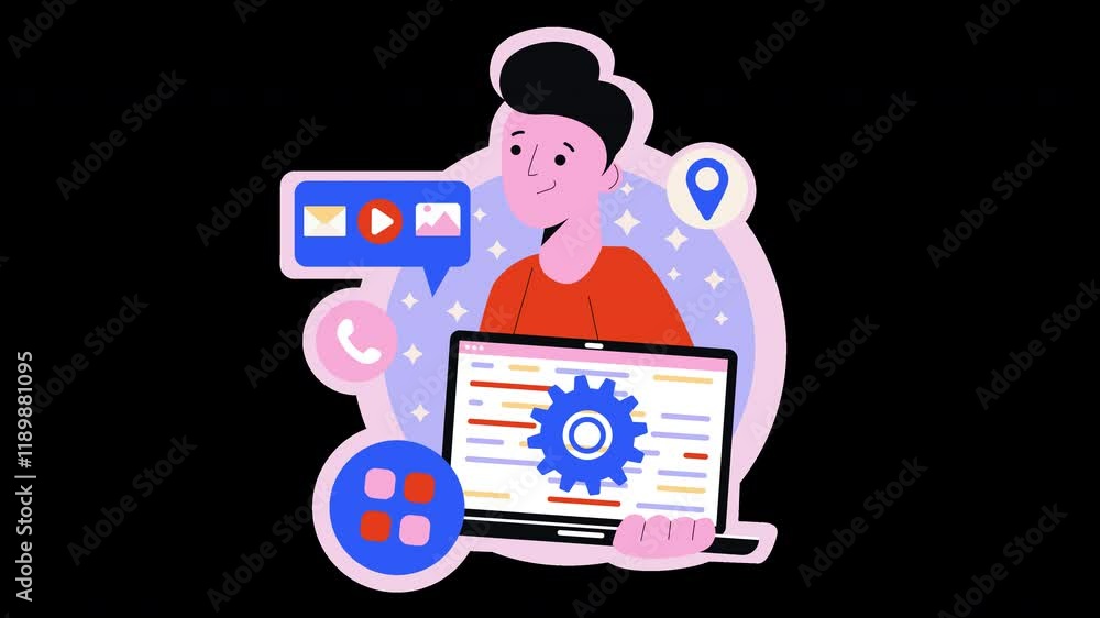 Poster a person with a laptop illustrating technology and communication concepts in a flat design style.