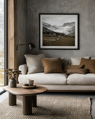 Scandinavian style living room with a beige couch, a cozy rug, and a framed mock up picture on the wall. Resident and Apartment Mockup and concept