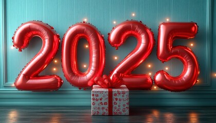 Celebrating Christmas and New Year 2025 with Red Balloons Gift and Transparent Bubbles on Light Background
