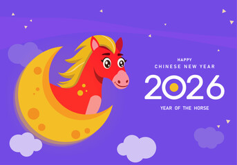 Chinese New Year 2026 Year of the horse. Chinese Zodiac Template, Poster Banner Flyer for Chinese New Year Vector Illustration. Chinese zodiac horse in geometric flat modern style.