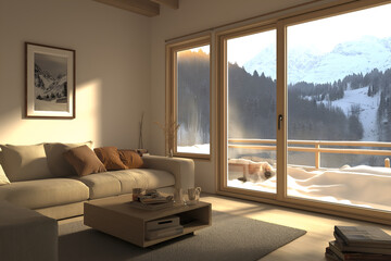 Scandinavian style living room with a beige couch, a cozy rug, and a framed mock up picture on the wall. Resident and Apartment Mockup and concept