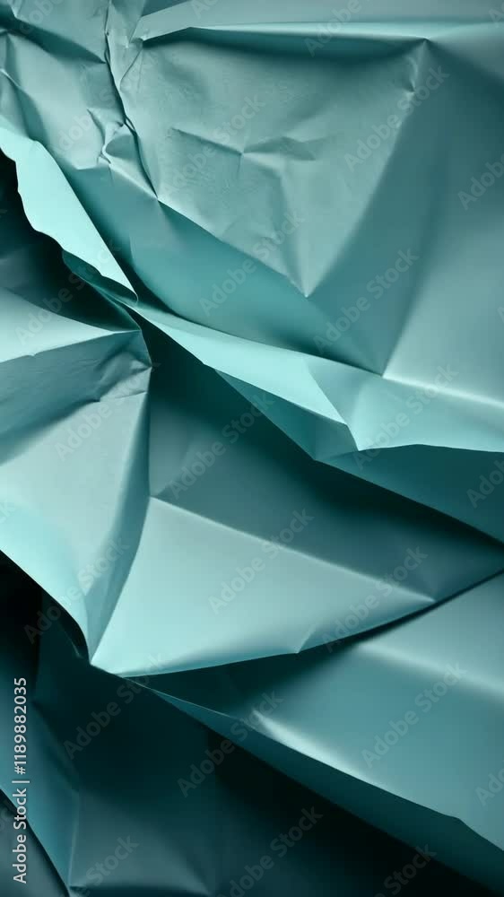 Poster crumpled teal paper creating abstract patterns and textures in soft light