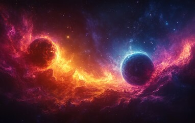 Cosmic Scene of Exoplanets Orbiting Near Vibrant Nebula in Surreal Space Art