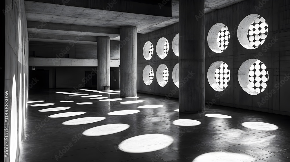Poster concrete architecture hallway with circular light patterns