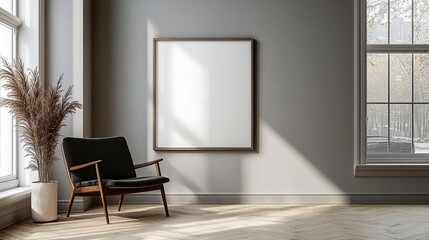 Minimalist interior scene with black chair and empty frame on gray wall, natural light, wooden floor in Scandinavian design