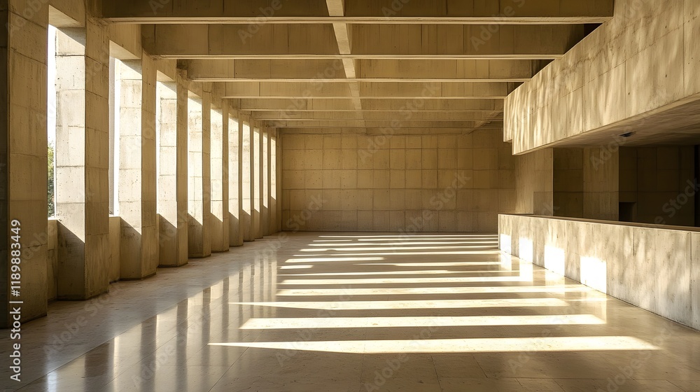 Poster sunlit concrete corridor with columns and beams