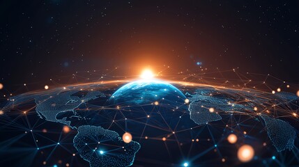 A futuristic global network concept featuring Earth in the center, surrounded by glowing technological nodes and intricate polygonal structures, vibrant and immersive