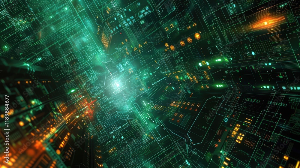 Poster this striking digital artwork showcases a futuristic tech design, illuminated with vibrant lights an