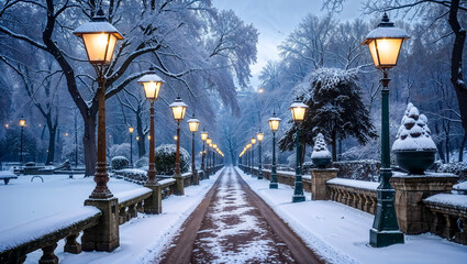 Obraz premium Winter Evening Walk: Snow-Covered Park Path