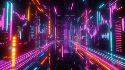 Fototapeta premium A futuristic holographic market chart with glowing neon bars and lines, displaying realtime stock statistics and business data in a hightech setting, hyperdetailed and vibrant