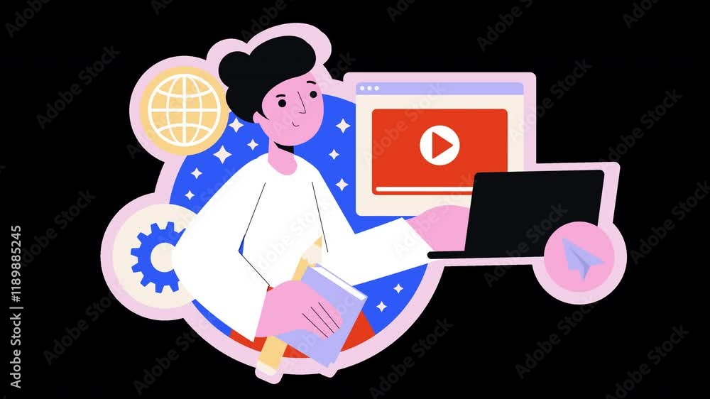 Poster a friendly person working on a laptop with a globe and gears in a colorful flat design, representing