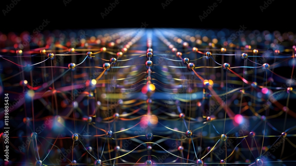 Poster this abstract image showcases a network of colorful model weights and parameters, emphasizing techno