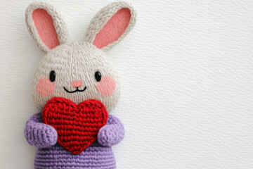 Obraz premium Adorable bunny in pastel lavender crochet sweater holding red heart. This cute plush toy brings joy and warmth to any space