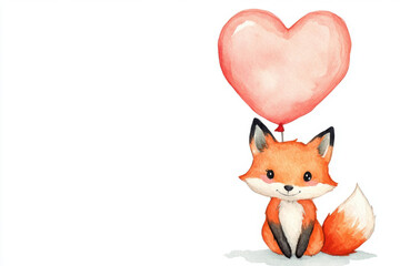 Obraz premium Adorable watercolor fox sitting with heart shaped balloon, evoking joy and warmth. Perfect for children art or greeting cards